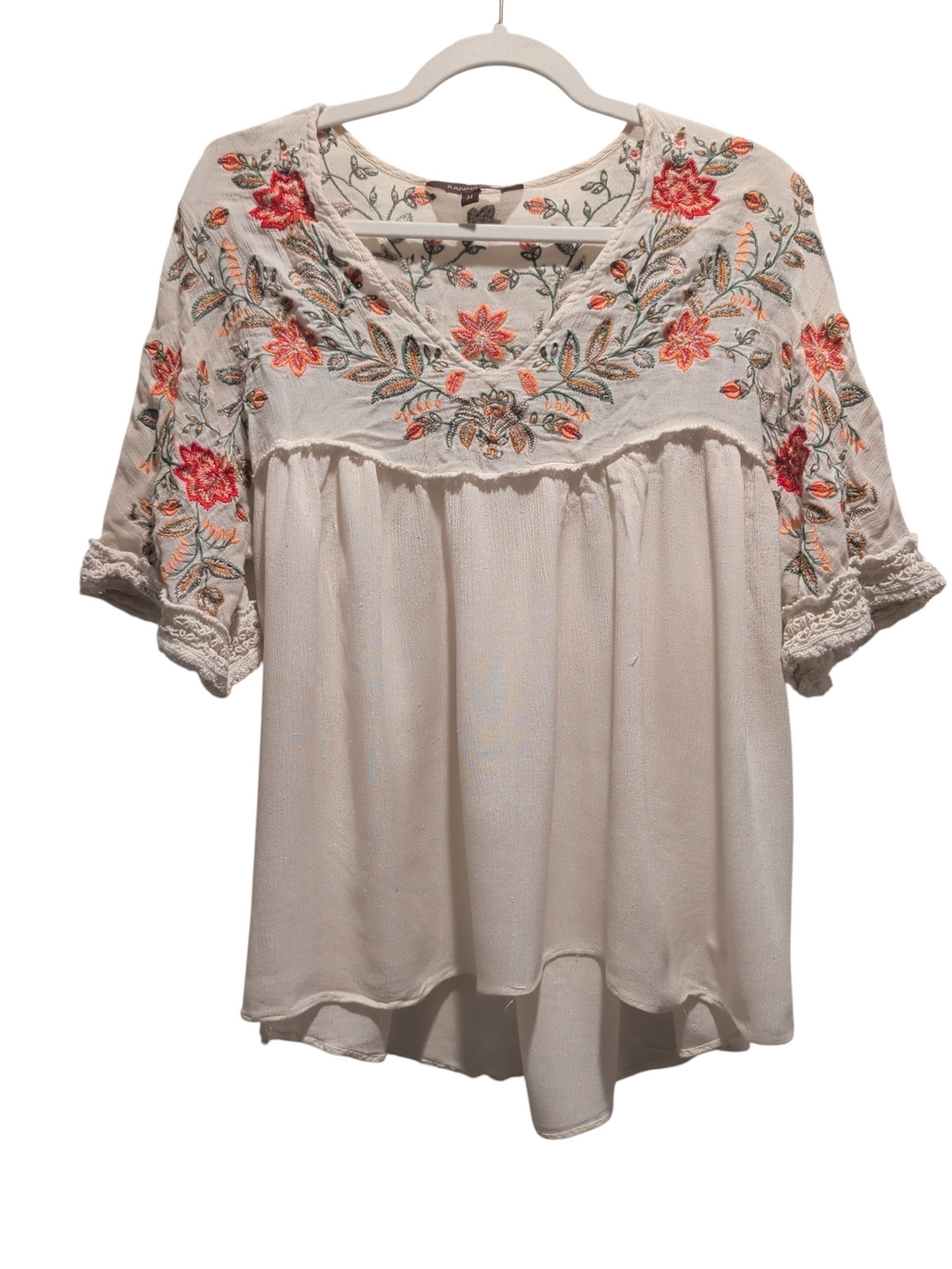 Ranna Gill Cream Tunic with Red & Pink Floral Embroidery (#D231)